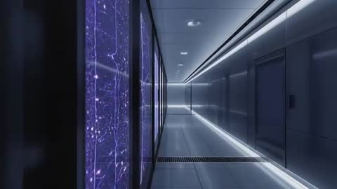 Futuristic Data Center Corridor with Pulsing Panels
