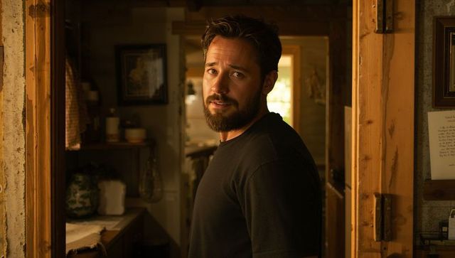 Bearded man standing in rustic cabin doorway looking back in warm amber light