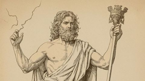 Mythical bearded man zeus emitting lightning on aged parchment