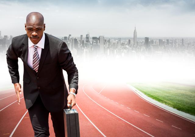 Businessman in suit running on track with briefcase, set against a blurred city skyline. It conveys determination, ambition, and drive towards success. This can be used in articles and advertisements related to business, corporate leadership, career growth, and motivation.