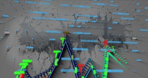 Futuristic neon data visualization with 3D glowing line graphs, nodes, abstract cityscape