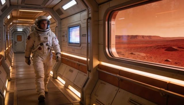 Astronaut walking through mars habitat corridor beside panoramic red-planet window