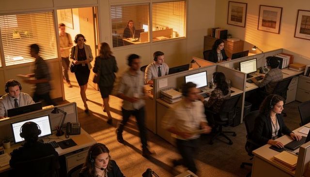 Busy call center team working in warm-lit open office with headsets and cubicles collaborating
