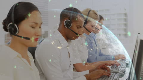 Diverse Call Center Team Interacting with Global Network Visualization
