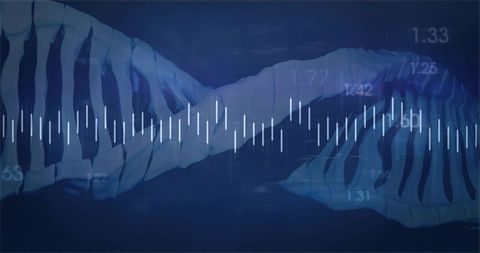 Twisting dna helix crossing waveform bars with numeric overlays for biotech visualization