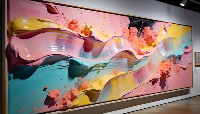 Large-scale glossy impasto swirls with coral pigment bursts in pastel multicolor gallery artwork
