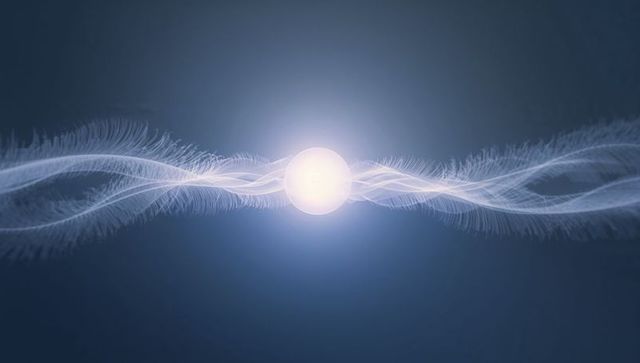 Glowing Orb Radiating Feathery Light Ribbons Across Minimalist Blue Abstract Background