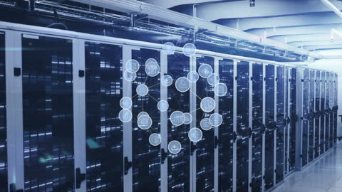 Digital Network of Icons Emerging Over Server Room