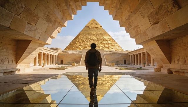 Traveler walking toward golden pyramid through stone archway with reflective glass floor