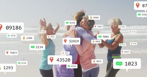 Senior Women Embracing on Beach with Social Media Notifications Overlay