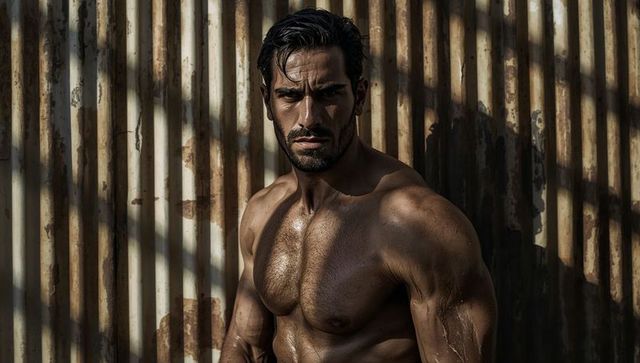 Shirtless muscular man posing against rusted corrugated metal wall with dramatic shadows