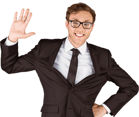 Cheerful Businessman Smiles in Transparent Pose with Raised Hand - Download Free Stock Videos Pikwizard.com