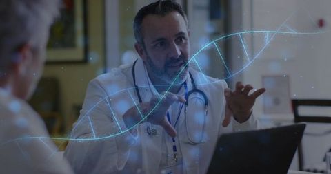 Doctor discussing genetic testing with holographic dna helix