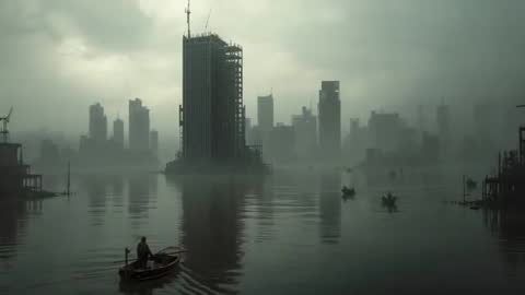 Solitary Rower and Construction Workers in Foggy Riverscape