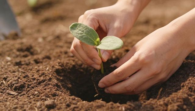 Close-up Hands Planting Young Seedling in Rich Soil Backyard Garden Bed for Growth and Care