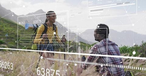 Hikers on Mountain Trail with Digital Innovation Visualization