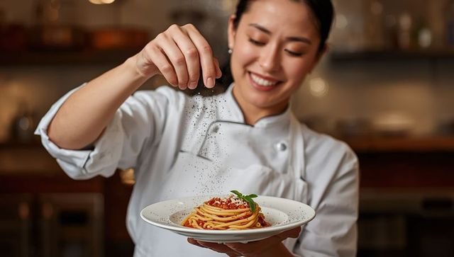 Professional Chef Adding Seasoning to Pasta Dish in Kitchen