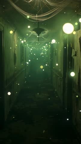 Vertical video showing eerie abandoned corridor with drifting green orbs and ghostly bat silhouette
