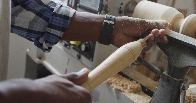 Close-up of Hands Crafting Wooden Item on Lathe - Download Free Stock Images Pikwizard.com