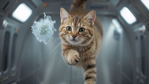 Leaping brown tabby cat chasing crystal toy inside futuristic metallic corridor