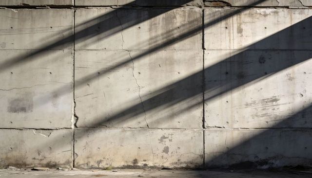 Weathered Concrete Panel Wall Showing Cracks, Seams and Dramatic Diagonal Shadows