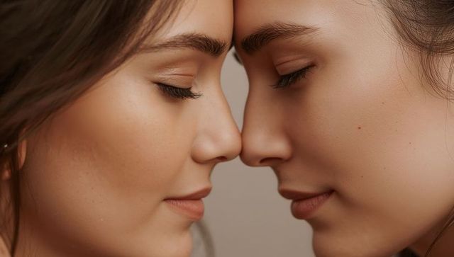 Two women touching foreheads and noses sharing intimate tenderness and calm