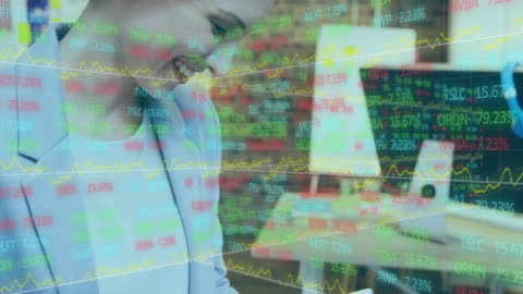 Businesswoman Analyzing Data with Stock Market Overlay