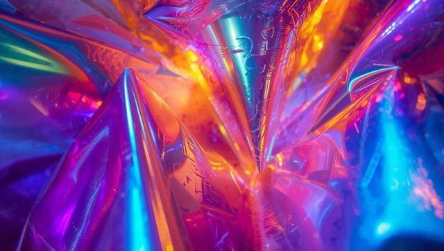 Iridescent holographic foil peaks shimmering with neon reflections and metallic iridescence