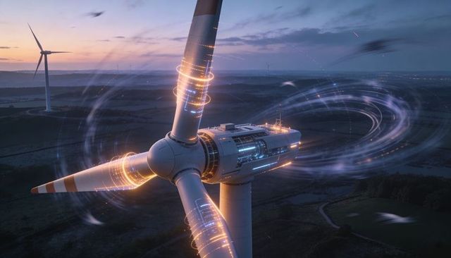Futuristic Wind Turbine Generating Digital Energy at Dusk with Glowing Circuit Rings