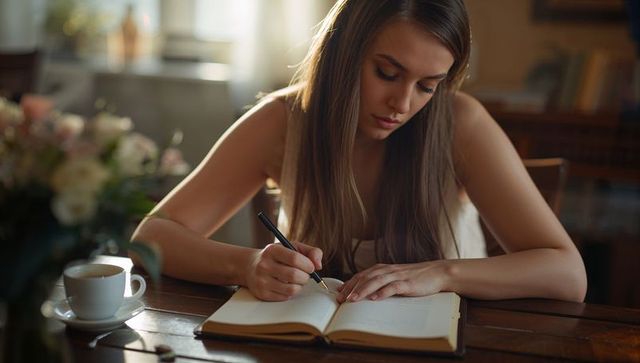 Young woman journaling at sunlit wooden table with coffee and bouquet