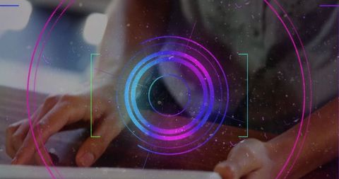 Futuristic Neon Scanner Interface with Woman Using Tablet