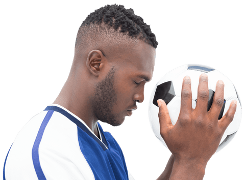 Focused african american footballer with soccer ball on transparent background
