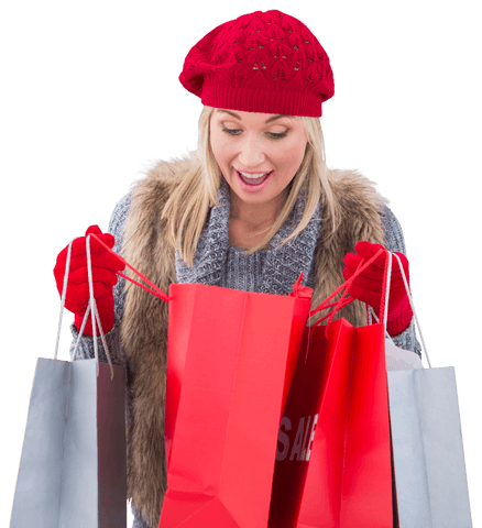 Enthusiastic woman reviews shopping haul in stylish winter outfit on transparent background