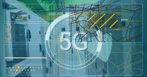 5g data processing in modern server room with digital overlay