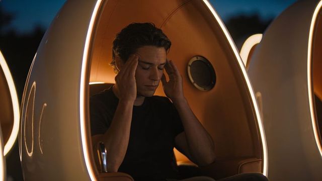 Young man sitting in egg pod pressing temples with ambient led lighting on rooftop