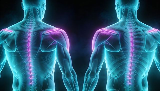 Dual transparent torso showing glowing spine and shoulder muscles in neon cyan and magenta