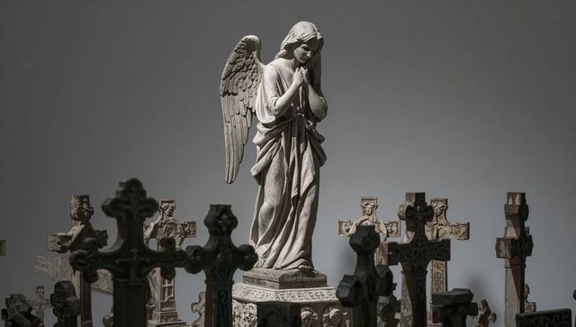 Mourning angel statue standing over weathered crosses in quiet overcast cemetery