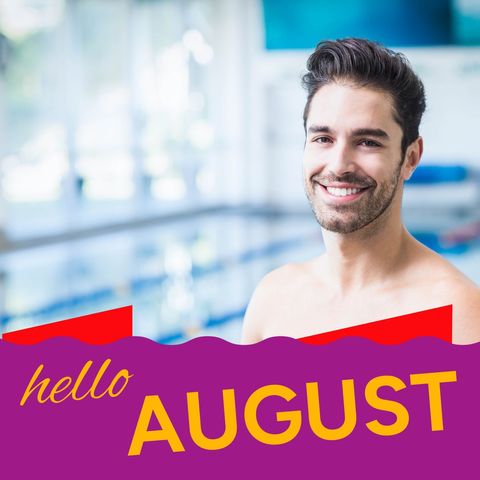Cheerful man by poolside welcoming august and summer vibes