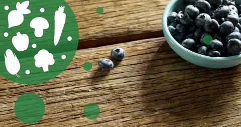Blueberries Bowl on Rustic Wooden Table with Vegetable Icons - Download Free Stock Images Pikwizard.com
