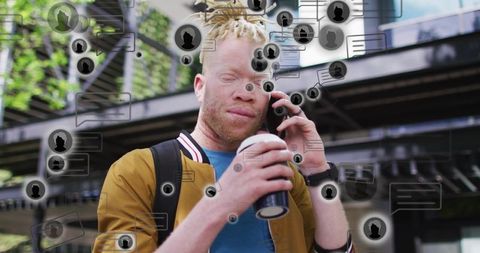 Urban commuter talking on phone while holding coffee with floating notification graphics