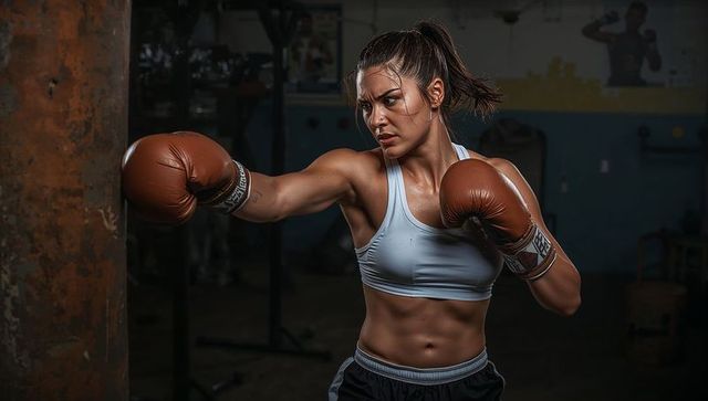 Female boxer throwing straight left punch training with brown gloves in industrial gym
