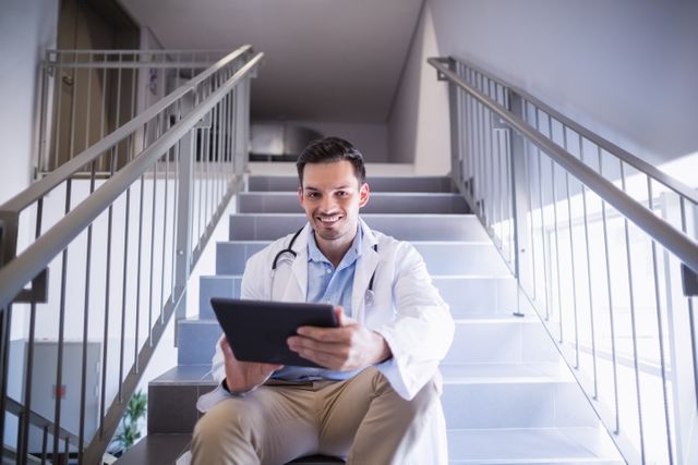 Portrait of smiling doctor sitting on staircase using digital tablet in hospital