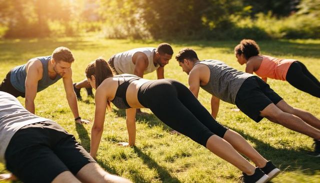 Outdoor group workout holding plank at golden hour, park fitness class and core training