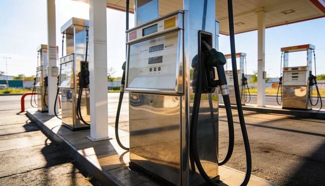 Shining stainless-steel gas pump displaying digital meter on sunlit forecourt