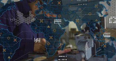 Machinist Working with Lathe Amidst Global Technology Overlay