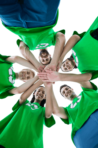 Volunteers joining hands in transparent recycling organizaions supporting teams