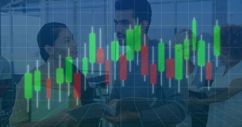 Business Professionals Analyzing Financial Trends with Candlestick Chart Overlay