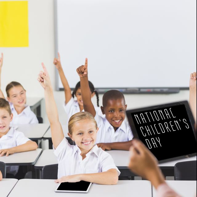 Group of cheerful and diverse schoolchildren raising hands in a bright classroom, celebrating National Children's Day. Useful for campaigns advocating education, youth programs, educational content, and classroom activities.