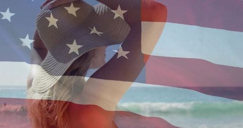 Woman at seaside with american flag overlay