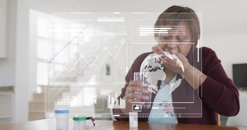 Senior woman coughing after taking medication at home with ar health analytics overlay